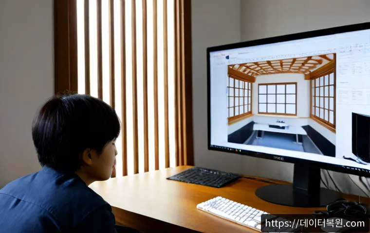 안국동 중고컴퓨터 pc 출장판매설치 - Photorealistic compact design studio in Anguk-dong, technician installing a refurbished desktop work...