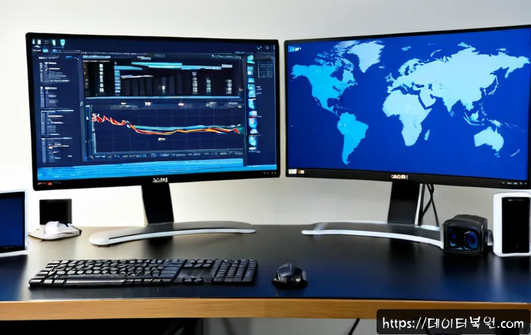 신사동 DRIVER_CORRUPTED_EXPOOL - Photorealistic IT support workstation in Sinsa-dong, Seoul, dual monitors showing a clean abstract b...