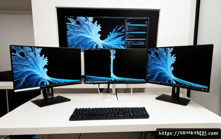 미아동 STATUS_SYSTEM_PROCESS_TERMINATED - Photorealistic IT support workstation in a compact apartment office, dual monitors showing a frozen ...