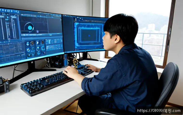원당동 STATUS_KERNEL_DEBUG_FAILURE - Photorealistic IT support workstation in a quiet suburban Korean apartment, dual monitors showing a ...
