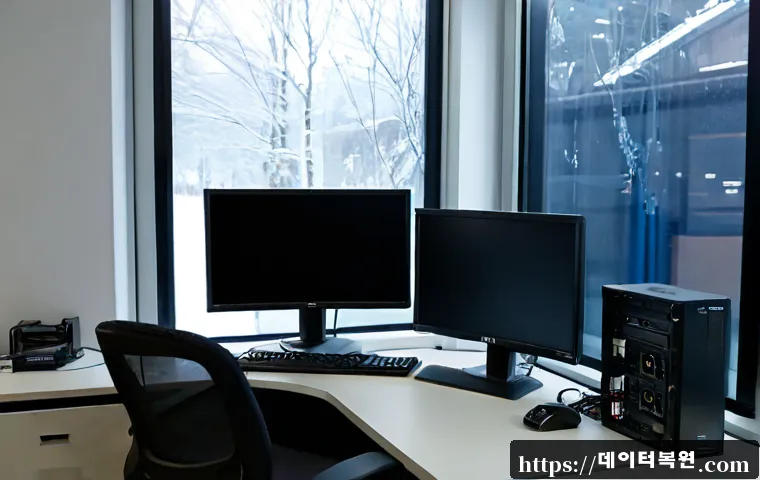 용산동 STATUS_INVALID_DISPOSITION - Photorealistic remote IT support workstation in a compact Yongsan-dong electronics office, dual moni...