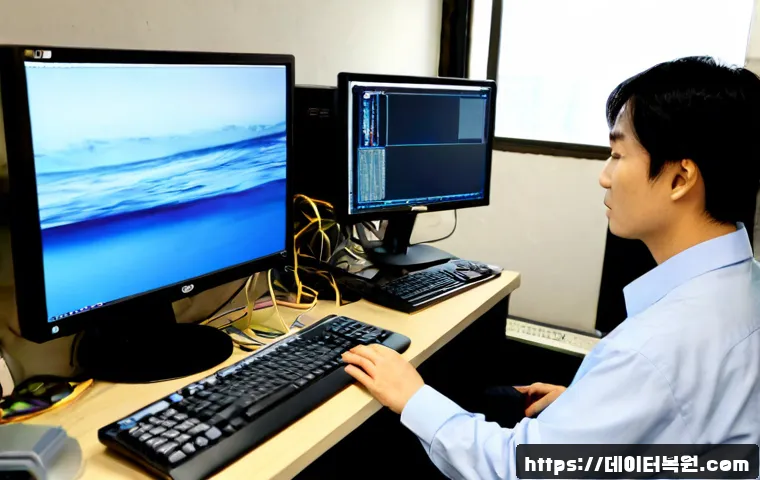 효제동 pc복구중 - Photorealistic computer recovery workstation in a compact Hyoje-dong repair studio, technician recon...