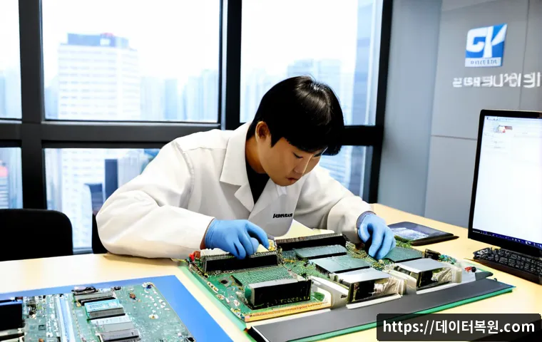삼성동 메모리조립 및 교체수리 - Photorealistic Samsung-dong computer repair workshop, technician carefully installing matched memory...