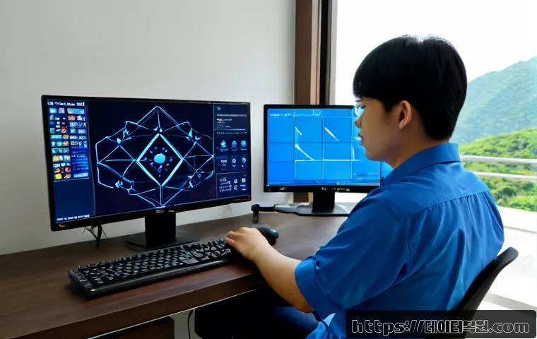 봉천동 BAD_SYSTEM_CONFIG_INFO - Photorealistic IT support workstation in a compact Bongcheon-dong apartment office, dual monitors sh...