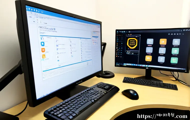 대흥동 STATUS_INVALID_DEVICE_REQUEST - Photorealistic remote-support workstation in a compact Daeheung-dong office, dual monitors showing a...