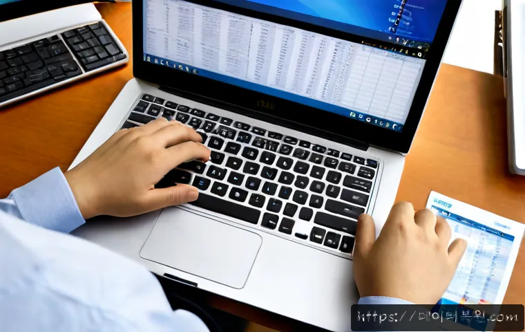 태평로 f4키 누르라고 할때 - Photorealistic desktop support scene in a modern office near Taepyeong-ro, a professional hand press...