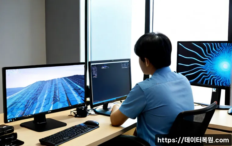벽제동 DRIVER_VERIFIER_DETECTED_VIOLATION - Photorealistic IT workstation in a quiet Byeokje-dong office, dual monitors showing an abstract blue...