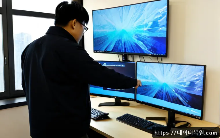 식사동 THREAD_STUCK_IN_DEVICE_DRIVER - Photorealistic IT support workstation in a modern apartment office in Siksadong, Goyang, dual monito...