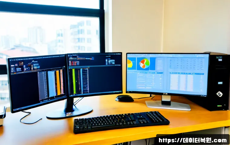 신내동 MACHINE_CHECK_EXCEPTION - Photorealistic IT support workstation in a modern Sindong neighborhood office, dual monitors showing...