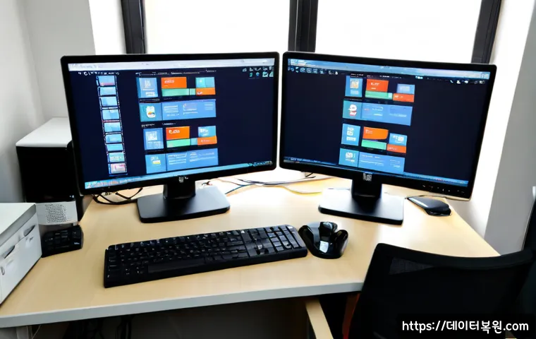 사리현동 STATUS_KERNEL_ACCESS_DENIED - Photorealistic IT support workstation in a quiet suburban Korean district, dual monitors showing abs...