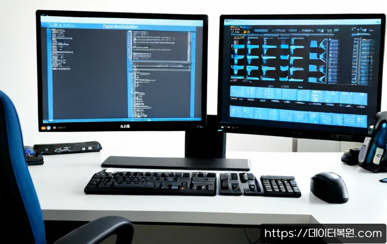 정발산동 DRIVER_IRQL_NOT_LESS_OR_EQUAL - Photorealistic IT support workstation in a quiet modern neighborhood office, dual monitors with a bl...