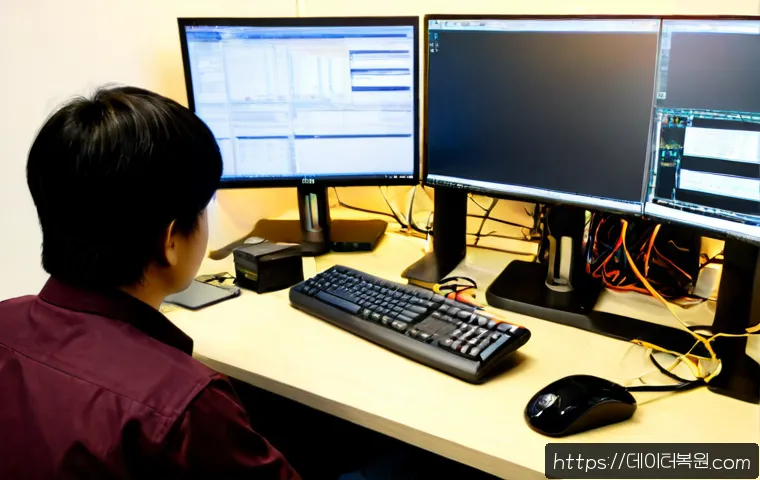 청구동 VENDOR_DEFINED_ERROR - Photorealistic IT support workstation in a compact Chunggu-dong office, dual monitors showing a gene...