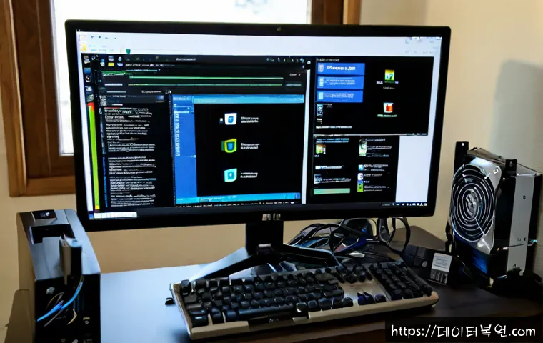 봉원동 INACCESSIBLE_BOOT_DEVICE - Photorealistic IT support workstation in a quiet hillside neighborhood apartment, dual monitors show...