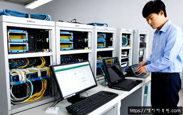 봉원동 server출장방문수리점 - Photorealistic on-site server repair inside a compact Bongwon-dong design studio, technician connect...