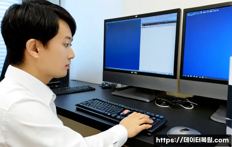 영천동 STATUS_DATATYPE_MISALIGNMENT - Photorealistic IT support workstation in a modern Yeongcheon-dong office, dual monitors showing abst...