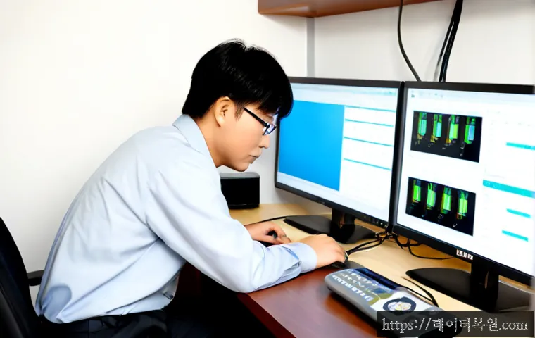 흥도동 케이블연결확인 - Photorealistic remote support workstation in a compact Korean neighborhood office, technician inspec...