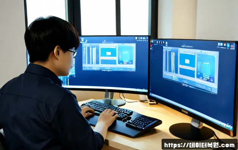 이태원 CRITICAL_PROCESS_DIED - Photorealistic remote IT support workstation in a compact Itaewon apartment office, dual monitors sh...
