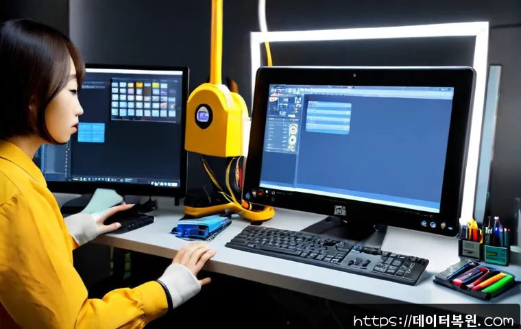 필동 STATUS_FILE_LOCK_CONFLICT - Photorealistic software support workstation in a compact Pil-dong design studio, dual monitors showi...