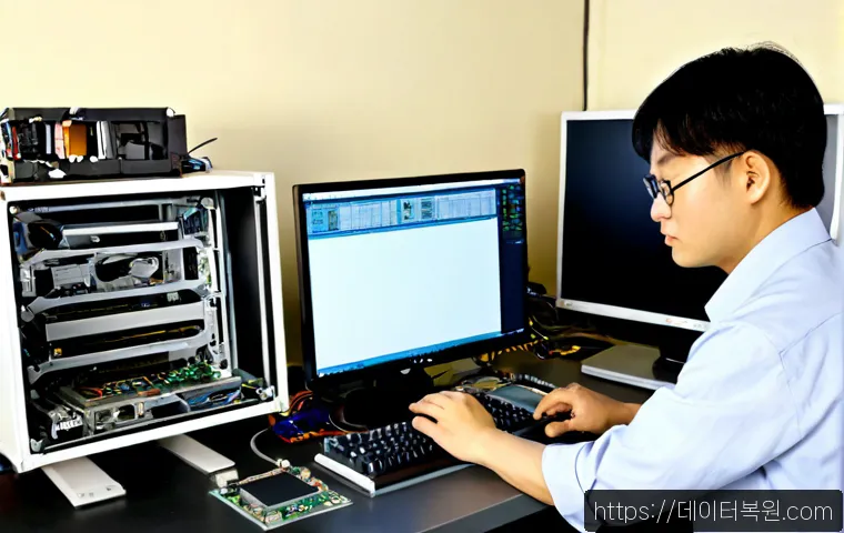 문래동 컴퓨터 desktop 출장방문수리점 - Photorealistic desktop computer repair visit in a compact Mullaedong-style metalworking studio, tech...