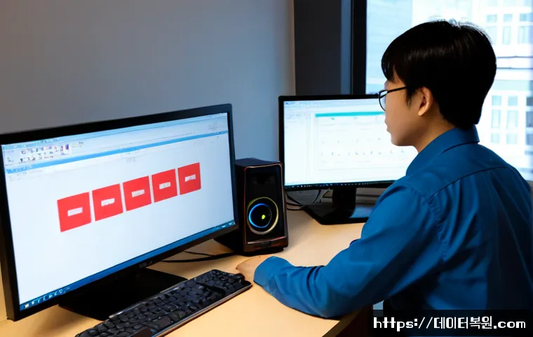 흥도동 STATUS_PAGE_FAULT - Photorealistic IT support workstation in a quiet Korean neighborhood office, dual monitors displayin...