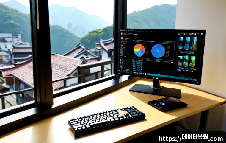 누상동 STATUS_DISK_CORRUPTION - Photorealistic remote-support workstation in a compact Nuseong-dong hillside apartment, dual monitor...