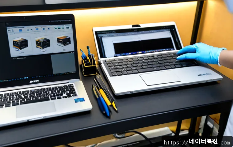 상도동 맥북프로 판매 및 수리 - Photorealistic premium laptop repair workstation in a compact Sangdo-dong electronics studio, unbran...
