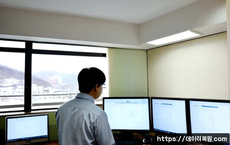 양평동 VENDOR_DEFINED_ERROR - Photorealistic remote-support workstation in Yangpyeong-dong, Seoul, dual monitors showing a frozen ...