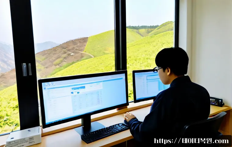 사직동 STATUS_IO_TIMEOUT - Photorealistic IT support workstation in a compact Sajik-dong office, dual monitors showing a generi...