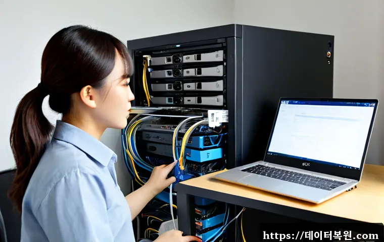 옥길동 ftp서버출장방문수리점 - Photorealistic onsite FTP server repair inside a modern Okgil-dong apartment home office, technician...