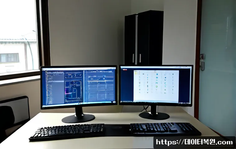 통인동 CRITICAL_OBJECT_TERMINATION - Photorealistic remote-support workstation in a quiet Tongin-dong apartment office, dual monitors sho...