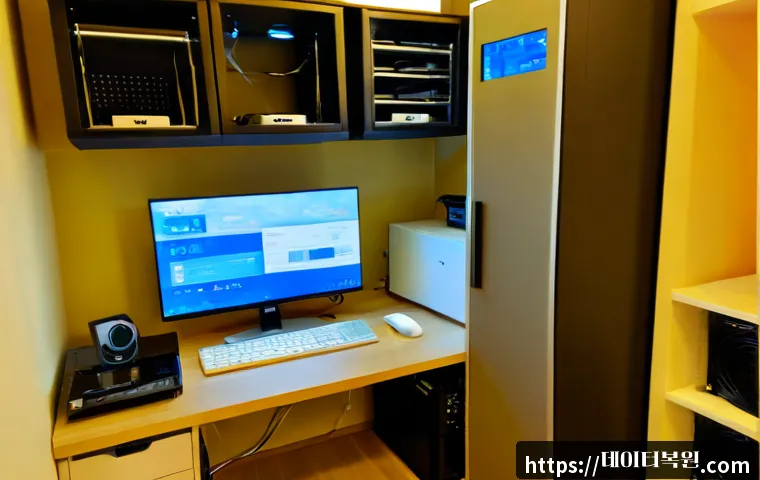 궁동 해놀로지 xpenology 구축 - Photorealistic compact home office in Gung-dong, Daejeon, showing a quiet DIY NAS workstation with a...