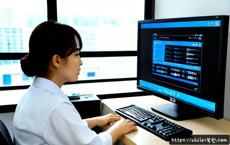 인의동 FAT_FILE_SYSTEM - Photorealistic IT support workstation in a compact Inui-dong office, desktop monitor showing a gener...
