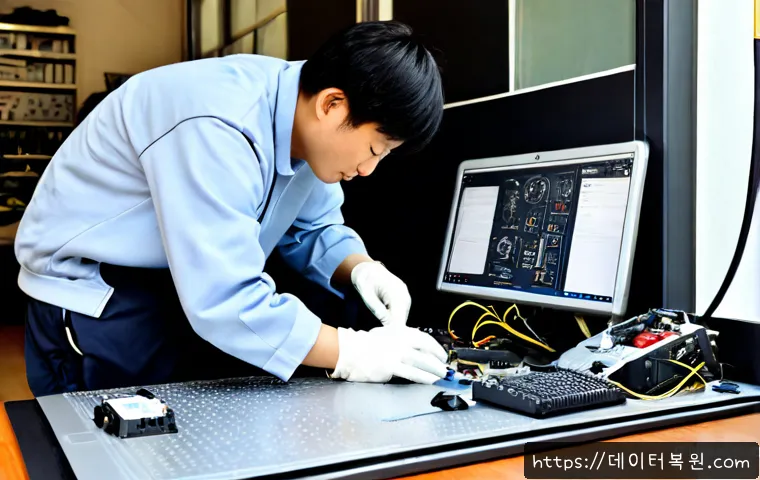 목현동 아이맥 판매 및 수리 - Photorealistic modern computer repair workshop in Mokhyeon-dong, a sleek silver all-in-one desktop c...