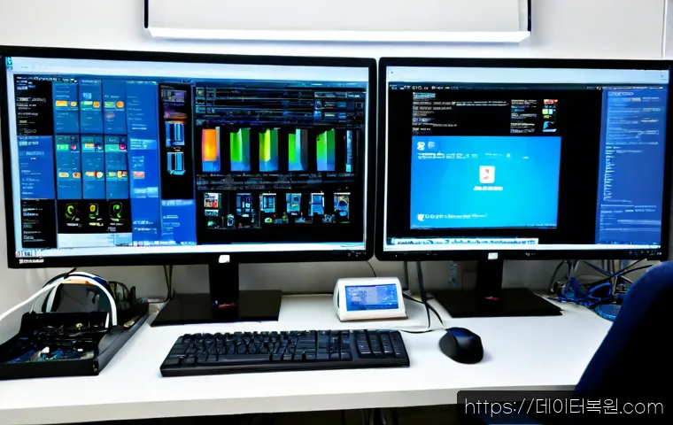 인의동 STATUS_KERNEL_REGISTRY_ERROR - Photorealistic computer repair workstation in a compact Inui-dong electronics office, dual monitors ...