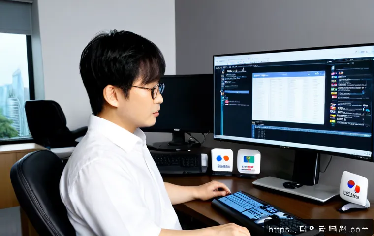 역삼동 공장초기화복구 - Photorealistic remote IT recovery workstation in a modern Yeoksam-dong office, technician using a du...