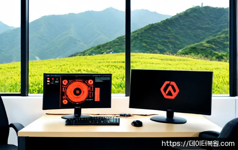과천동 STATUS_MEMORY_ACCESS_DENIED - Photorealistic IT support workstation in a quiet Gwacheon office, dual monitors showing an abstract ...