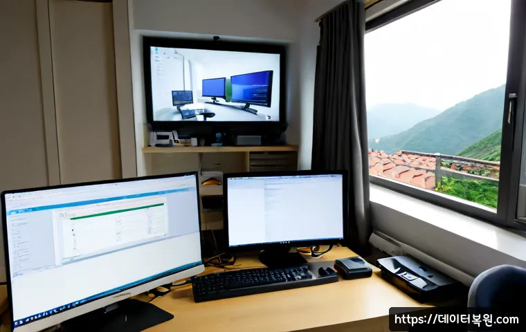 응암동 STATUS_FILE_NOT_FOUND - Photorealistic remote-support workstation in a compact Eungam-dong apartment office, dual monitors s...
