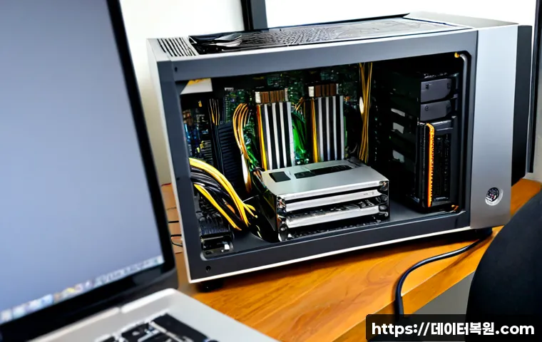율현동 컴퓨터업그레이드 - Photorealistic desktop computer upgrade in a compact Yulhyeon-dong apartment workspace, technician i...