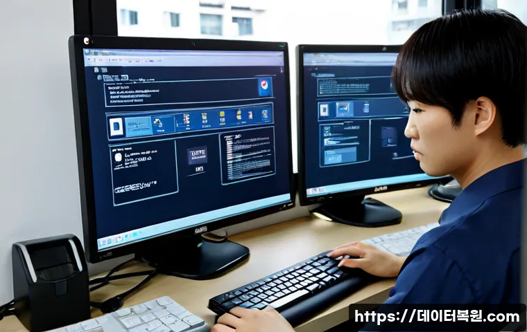동산동 STATUS_FILE_IN_USE - Photorealistic IT support workstation in a compact Korean neighborhood office, dual monitors showing...