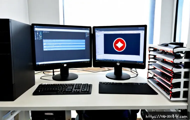 사직동 SYSTEM_LICENSE_VIOLATION - Photorealistic IT support workstation in a compact Sajik-dong office, dual monitors showing abstract...