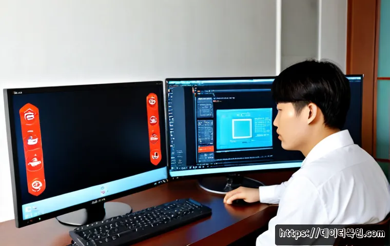 오포읍 STATUS_FLOAT_INVALID_OPERATION - Photorealistic remote-support workstation in a quiet suburban Korean apartment, dual monitors showin...