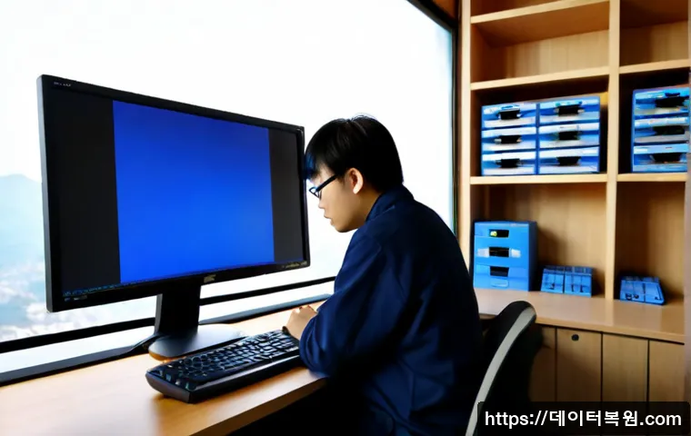 필동 SYSTEM_THREAD_EXCEPTION_NOT_HANDLED - Photorealistic IT technician troubleshooting a silent blue-screen computer crash at a compact workst...