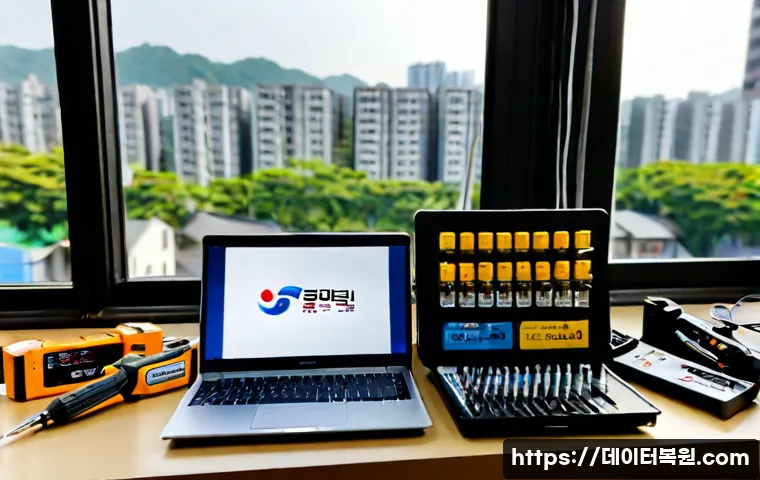 신천동 맥북프로 판매 및 수리 - Photorealistic electronics service counter in Sincheon-dong, a premium silver professional laptop op...