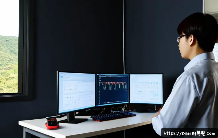 산황동 STATUS_KERNEL_REGISTRY_ERROR - Photorealistic IT support workstation in a quiet suburban Korean office near low wooded hills, dual ...