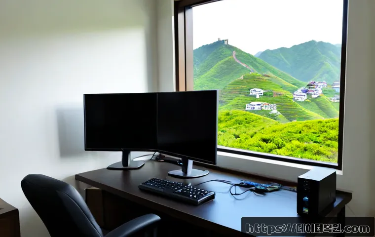 초월읍 모니터화면 안나옴 - Photorealistic remote-support scene in a tidy suburban Korean home office, dual-monitor workstation ...