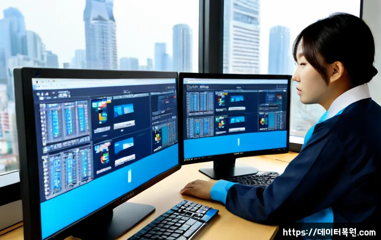 공덕동 POOL_HEADER_CORRUPTION - Photorealistic IT support workstation in a compact Gongdeok office, dual monitors showing a corrupte...