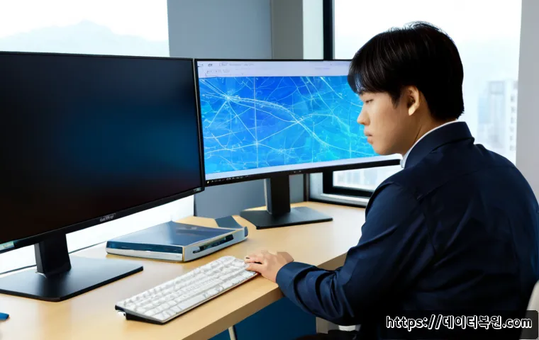 일산동구 KMODE_EXCEPTION_NOT_HANDLED - Photorealistic IT support workstation in a modern Ilsandong-gu office, dual monitors showing a froze...