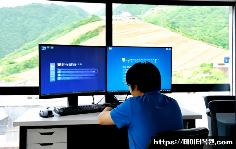 냉천동 SYSTEM_SERVICE_EXCEPTION - Photorealistic IT support workstation in a compact Naengcheon-dong apartment office, dual monitors w...