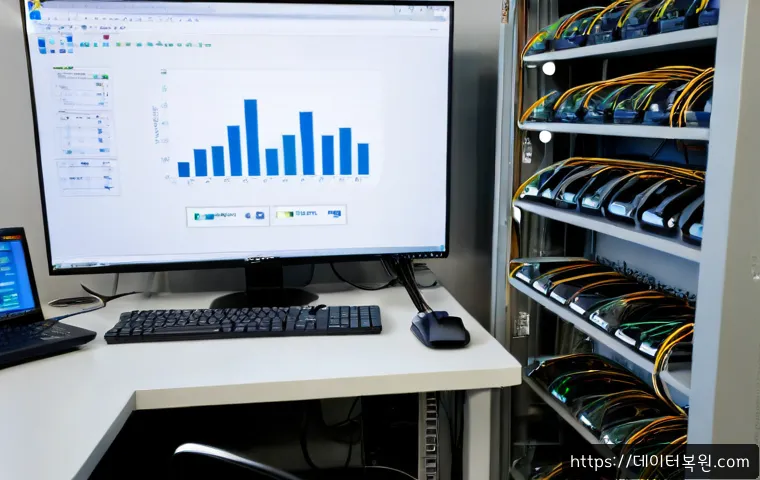 가리봉 STATUS_IO_ERROR - Photorealistic IT support workstation in a compact industrial office, dual monitors showing abstract...