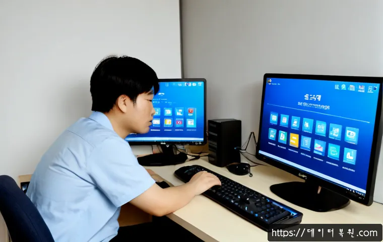 휘경동 NTFS_FILE_SYSTEM - Photorealistic IT support workstation in a compact Wheegyeong-dong apartment office, desktop monitor...